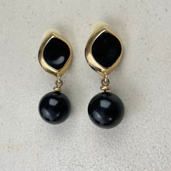 Vintage Earring Dangle Gold Tone & Black Mod 2" Erwin Pearl Clip 1960s Acrylic - Picture 1 of 3